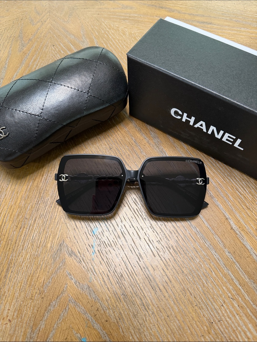 CHANEL Black & Silver Oversized Square Sunglasses with CC Emblems